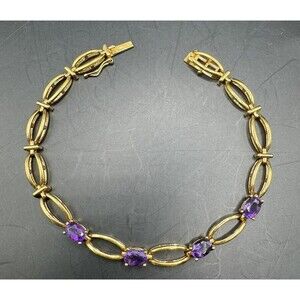 Gold Plated Amethyst Link Bracelet 7 1/2" Signed Open Link